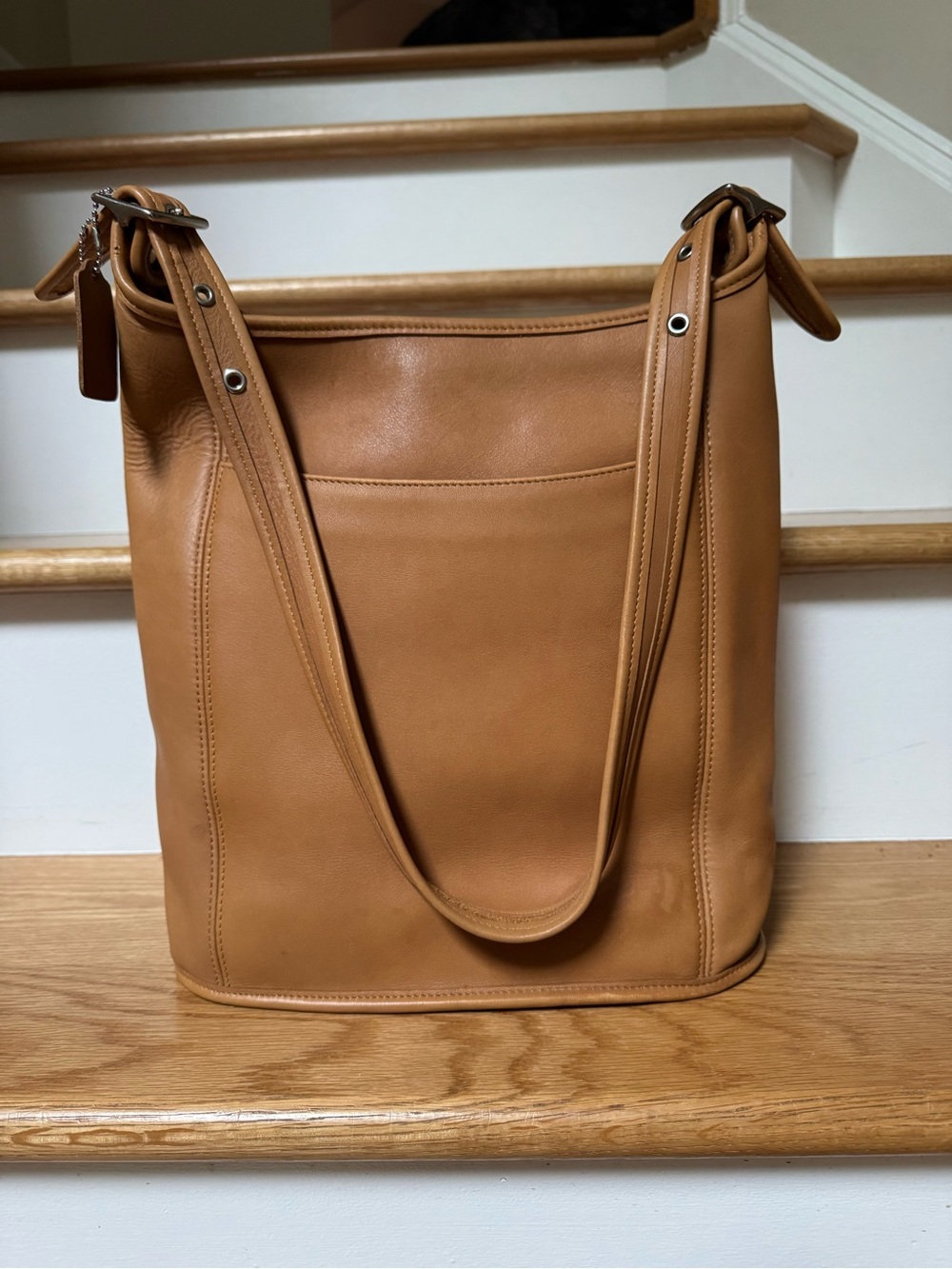 Vintage Coach Slim Duffle 9060 Leather Shoulder Bag, Camel with Nickel Hardware